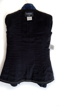 CHANEL 10PF Navy Black Cotton Silk Tweed Jacket Stand Collar 36 シャネル ネイビー ブラック コットン シルク ツイード ジャケット スタンド カラー 即発