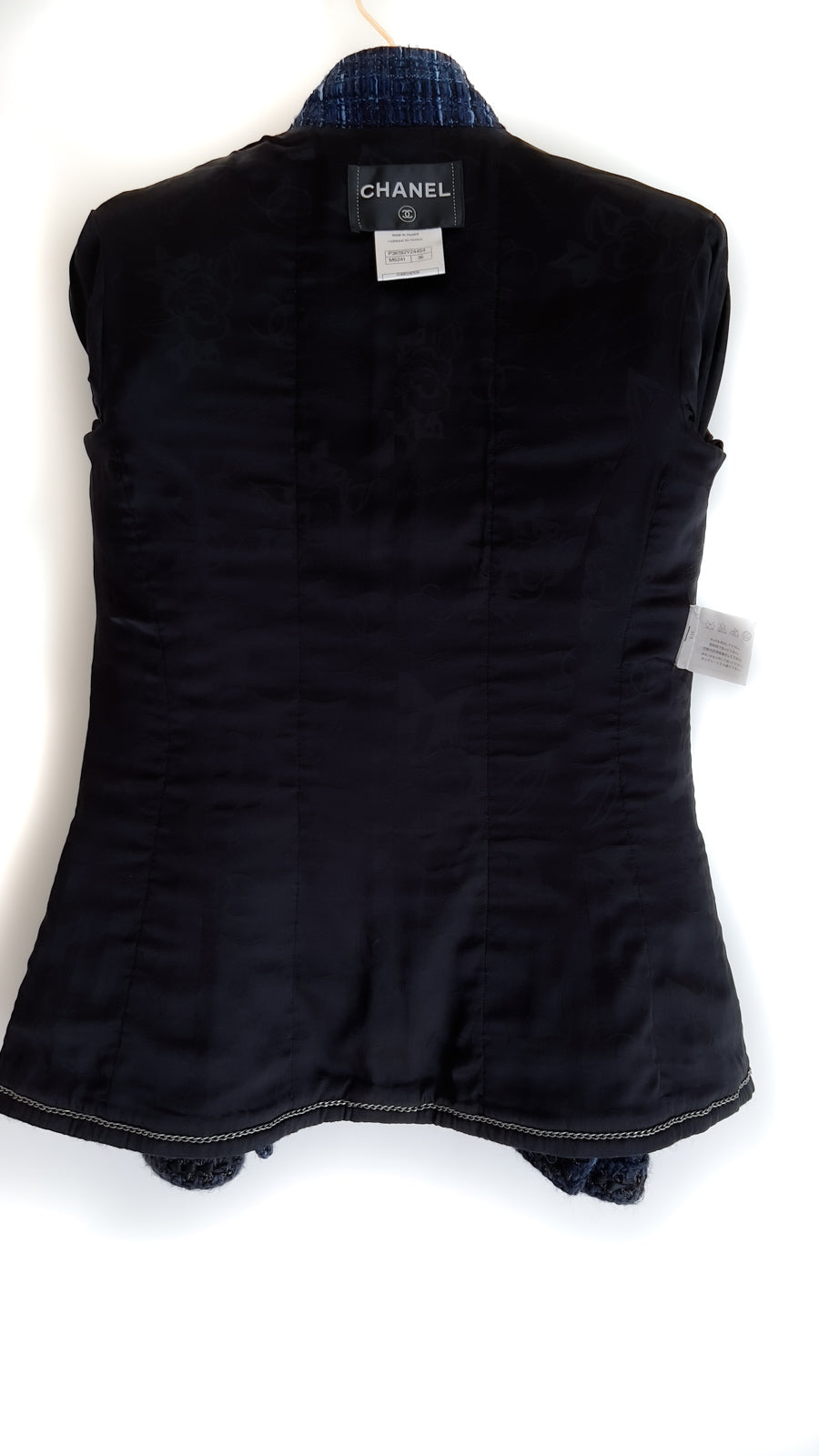 CHANEL 10PF Navy Black Cotton Silk Tweed Jacket Stand Collar 36 シャネル ネイビー ブラック コットン シルク ツイード ジャケット スタンド カラー 即発