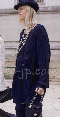 CHANEL 18PF Navy Wool Cashmere Dress Knit Sweater 38 40 42 シャネル ネイビー・ウール・カシミア・ケーブル・ニット・ワンピース・セーター 即発