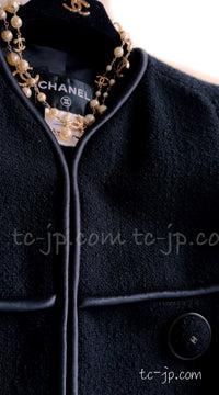 CHANEL 15B Black Wool Piping Collarless Jacket 34 36 38 シャネル ブラック ウール パイピング ノーカラー ジャケット 即発
