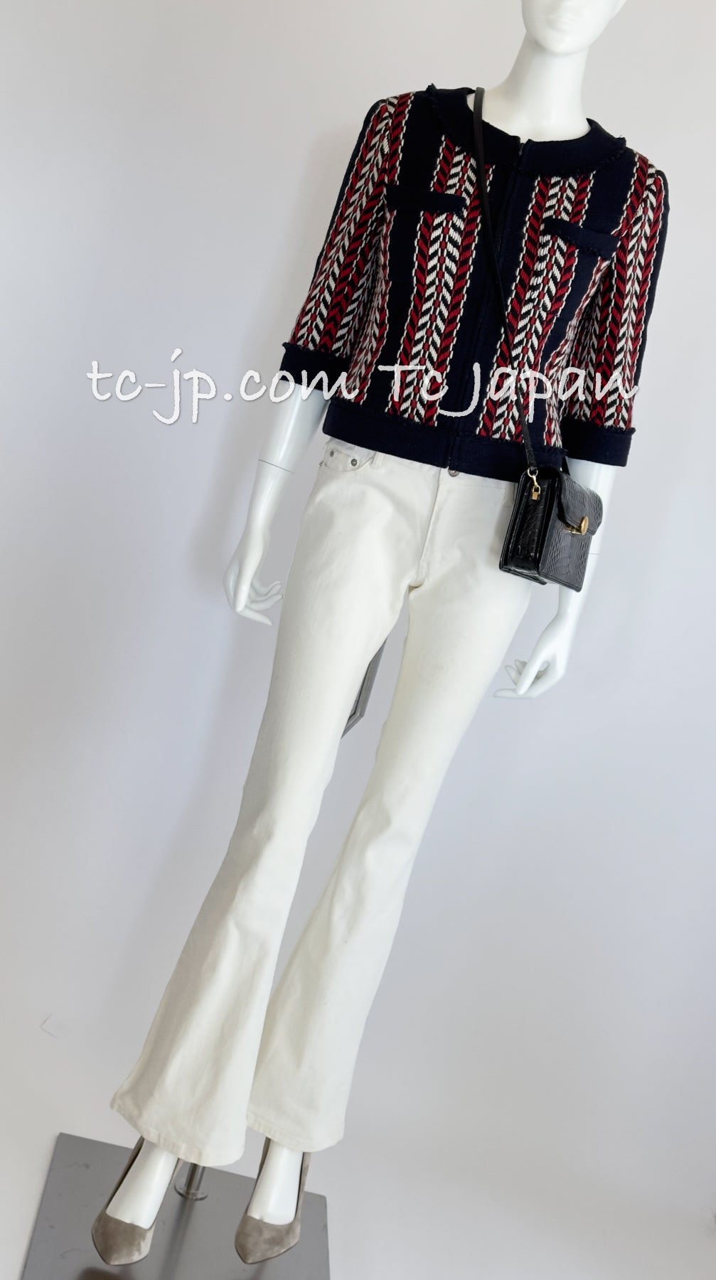 CHANEL 04A Red Navy Tricolor Zipper Tweed Jacket Skirt Suit 36 シャネル レッド ネイビー トリコロール ツイード ジャケット スカート スーツ 即発