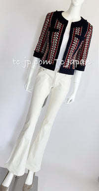 CHANEL 04A Red Navy Tricolor Zipper Tweed Jacket Skirt Suit 36 シャネル レッド ネイビー トリコロール ツイード ジャケット スカート スーツ 即発