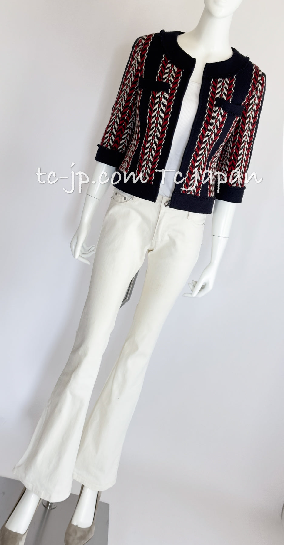 CHANEL 04A Red Navy Tricolor Zipper Tweed Jacket Skirt Suit 36 シャネル レッド ネイビー トリコロール ツイード ジャケット スカート スーツ 即発