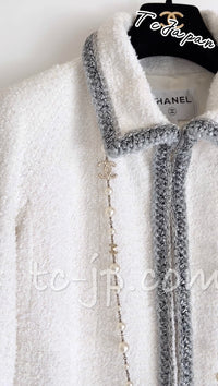 CHANEL 20S White Wool Cotton Braid Trim Beaded Tweed Jacket Coat 34シャネル ジニー着 ホワイト ウール コットン ブレード トリム ビーズ ツイード ジャケット コート 即発