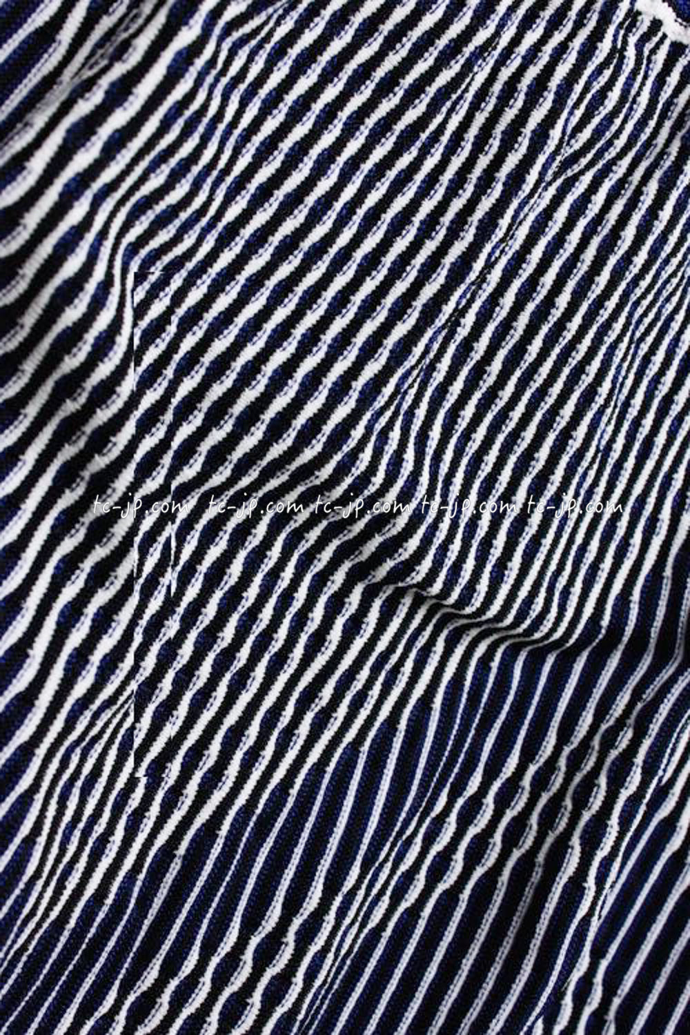 CHANEL 14S Navy White Stripe Stretch Knit Dress 34 シャネル ネイビー ストライプ ストレッチ ニット ワンピース 即発