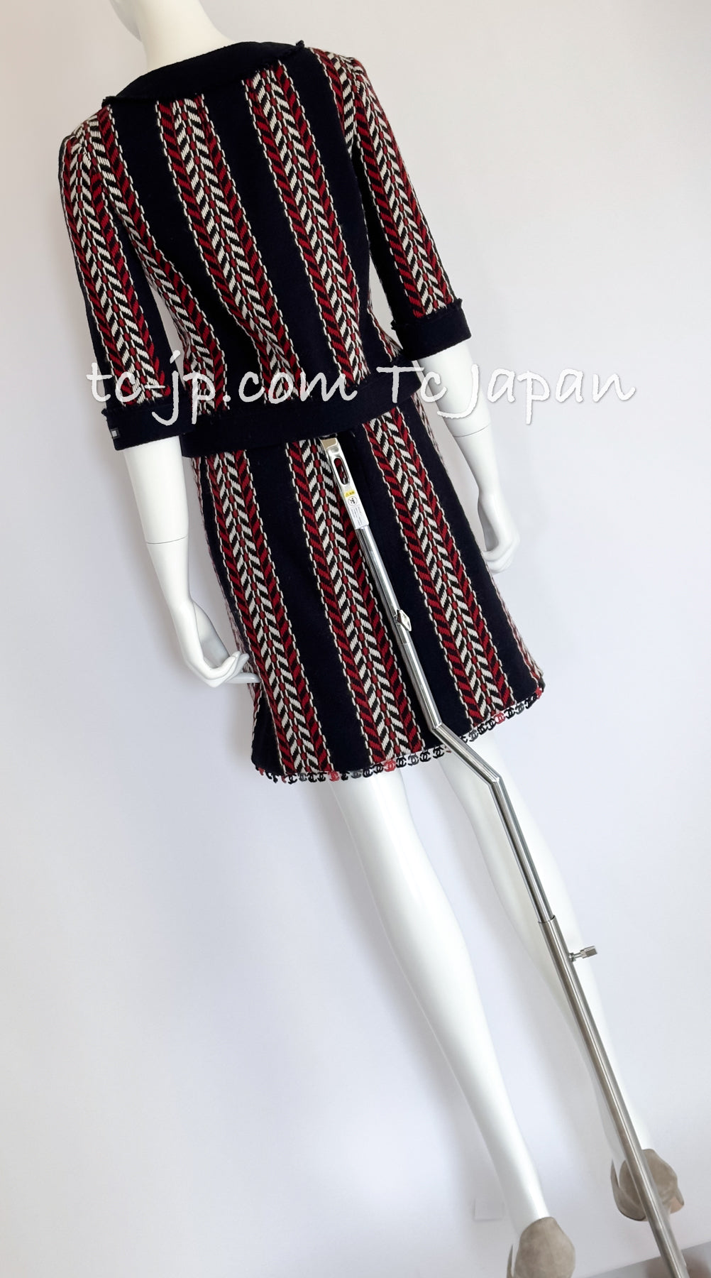 CHANEL 04A Red Navy Tricolor Zipper Tweed Jacket Skirt Suit 36 シャネル レッド ネイビー トリコロール ツイード ジャケット スカート スーツ 即発