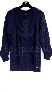 CHANEL 18PF Navy Wool Cashmere Dress Knit Sweater 38 40 42 シャネル ネイビー・ウール・カシミア・ケーブル・ニット・ワンピース・セーター 即発