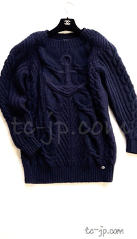 CHANEL 18PF Navy Wool Cashmere Dress Knit Sweater 38 40 42 シャネル ネイビー・ウール・カシミア・ケーブル・ニット・ワンピース・セーター 即発