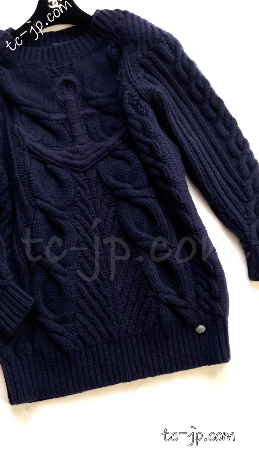 CHANEL 18PF Navy Wool Cashmere Dress Knit Sweater 38 40 42 シャネル ネイビー・ウール・カシミア・ケーブル・ニット・ワンピース・セーター 即発