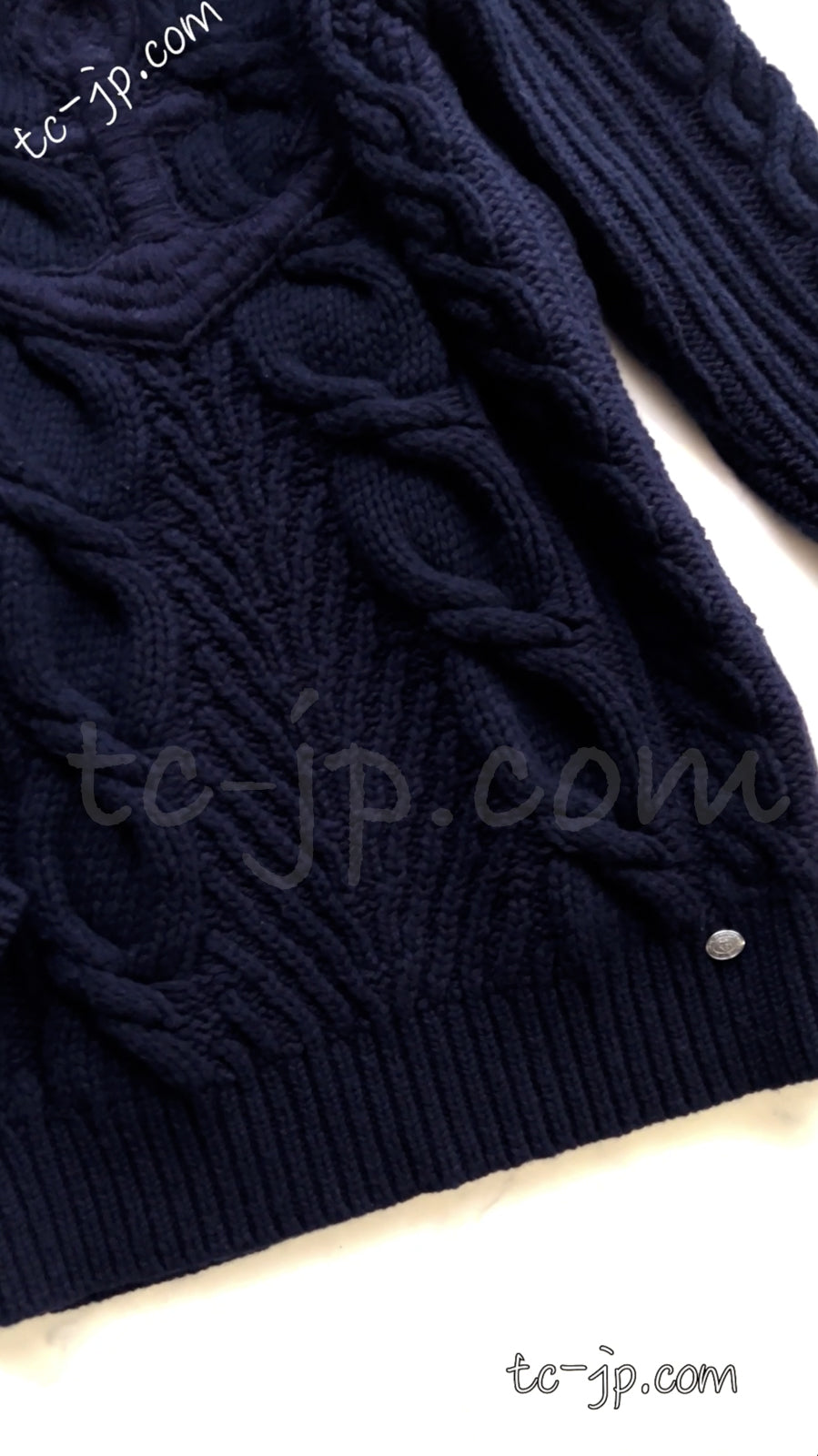 CHANEL 18PF Navy Wool Cashmere Dress Knit Sweater 38 40 42 シャネル ネイビー・ウール・カシミア・ケーブル・ニット・ワンピース・セーター 即発