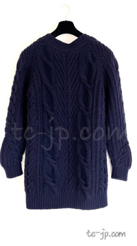 CHANEL 18PF Navy Wool Cashmere Dress Knit Sweater 38 40 42 シャネル ネイビー・ウール・カシミア・ケーブル・ニット・ワンピース・セーター 即発