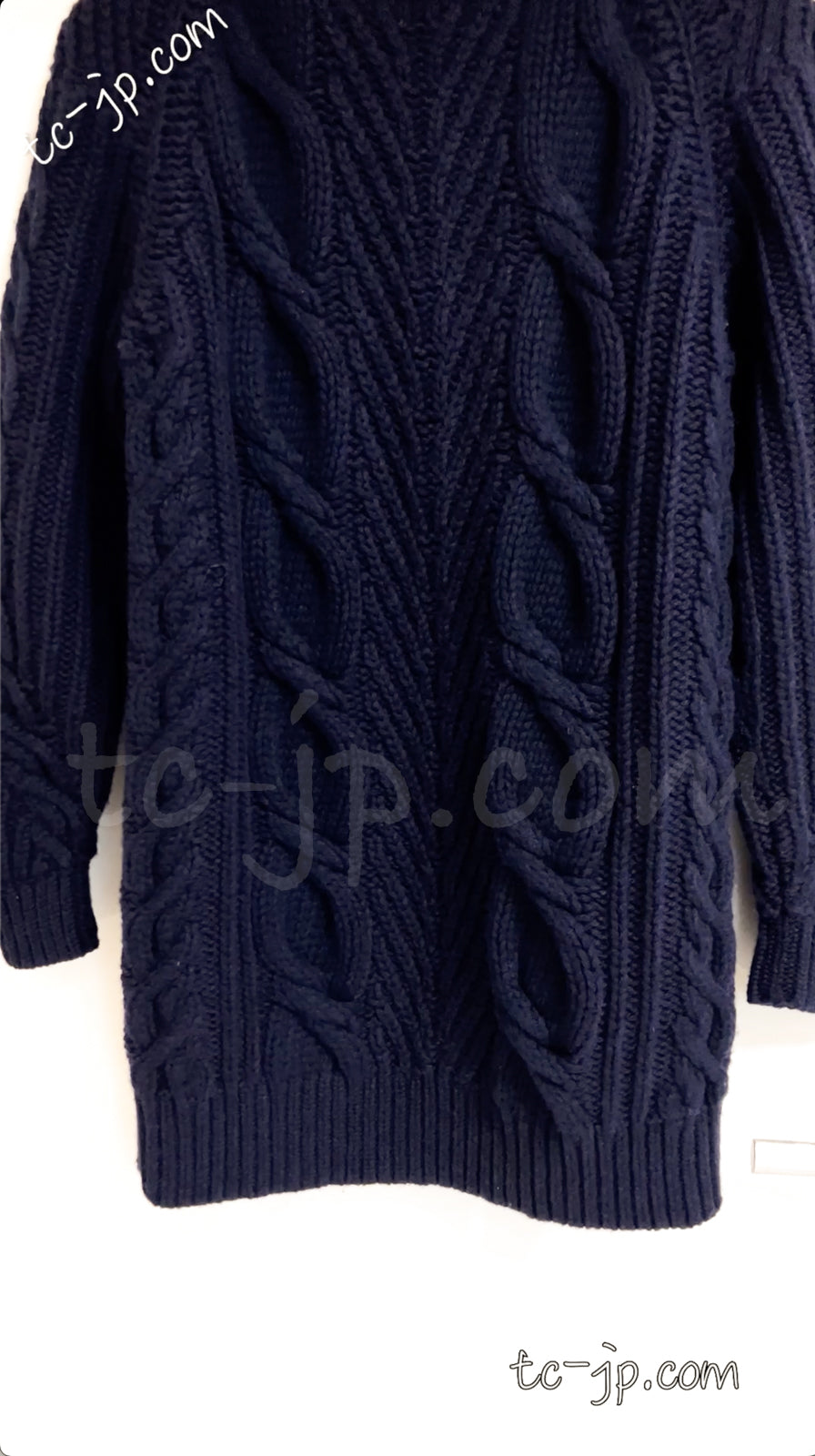 CHANEL 18PF Navy Wool Cashmere Dress Knit Sweater 38 40 42 シャネル ネイビー・ウール・カシミア・ケーブル・ニット・ワンピース・セーター 即発
