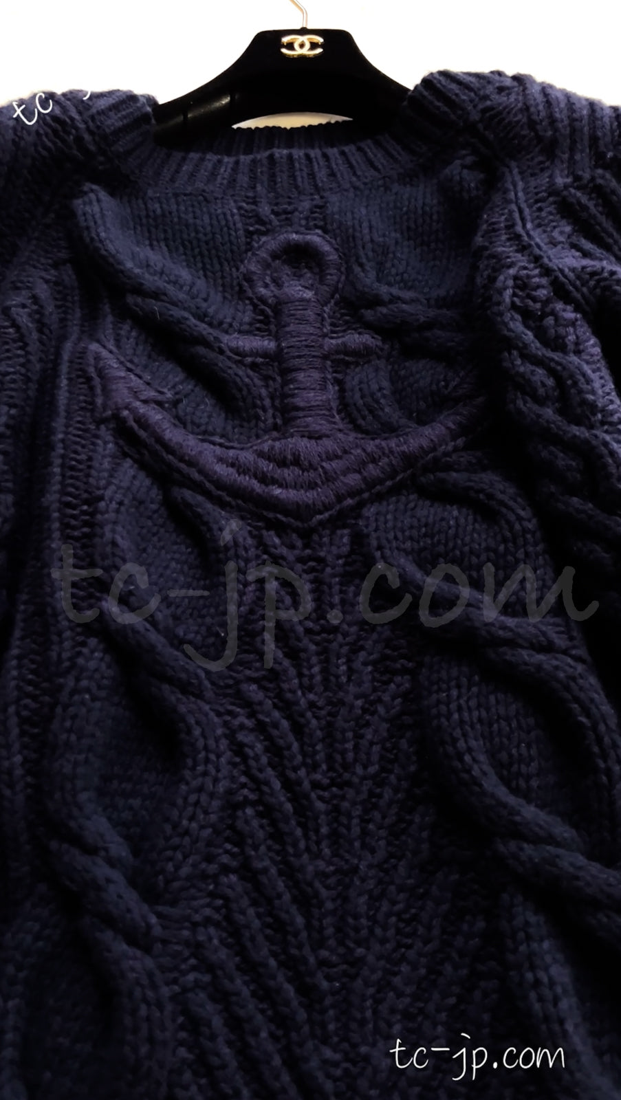 CHANEL 18PF Navy Wool Cashmere Dress Knit Sweater 38 40 42 シャネル ネイビー・ウール・カシミア・ケーブル・ニット・ワンピース・セーター 即発