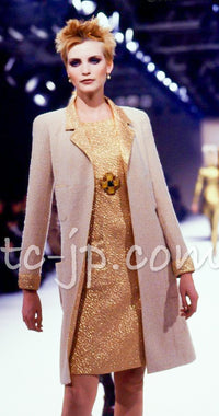 CHANEL 96A Brown Olive Beige Gold Gripox Button Tweed Jacket Dress 34 シャネル ブラウン オリーブ ベージュ ゴールド襟 グリポワ宝石ボタン ジャケット ワンピース 即発