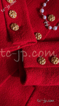 CHANEL 92A Iconic Collectible Scarlet Red Wool Tweed Jacket Basket Gold Button 36 38 シャネル スカーレット レッド コレクター限定品 ウール ツイード ジャケット バスケットボタン 即発