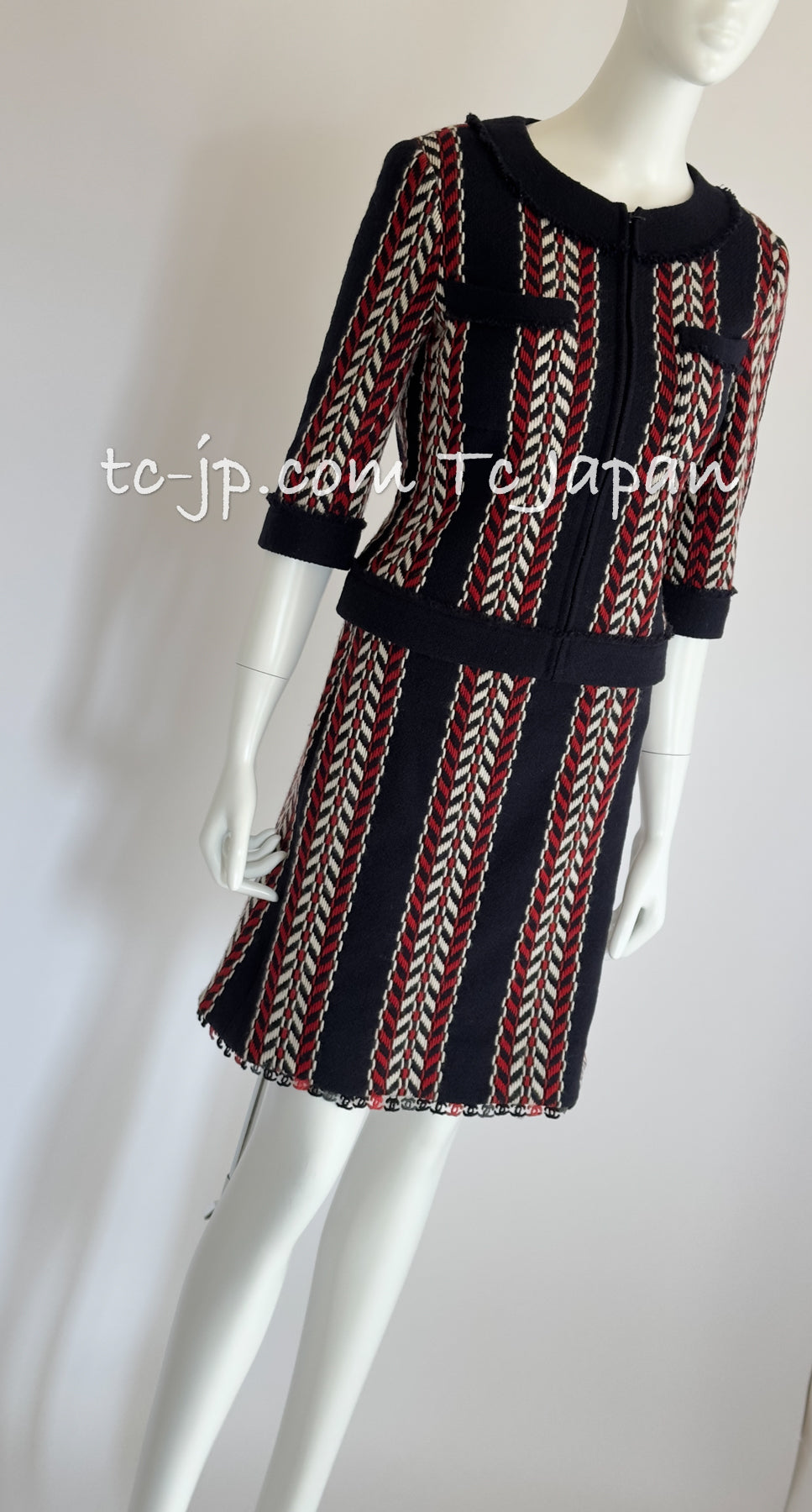 CHANEL 04A Red Navy Tricolor Zipper Tweed Jacket Skirt Suit 36 シャネル レッド ネイビー トリコロール ツイード ジャケット スカート スーツ 即発