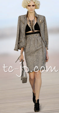 CHANEL 10C Black Ivory Gold Stand Collar Tweed Jacket Skirt Suit 34 40 シャネル ブラック アイボリー ゴールド スタンドカラー ツイード ジャケット スカート スーツ 即発