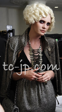 CHANEL 10C Black Ivory Gold Stand Collar Tweed Jacket Skirt Suit 34 40 シャネル ブラック アイボリー ゴールド スタンドカラー ツイード ジャケット スカート スーツ 即発