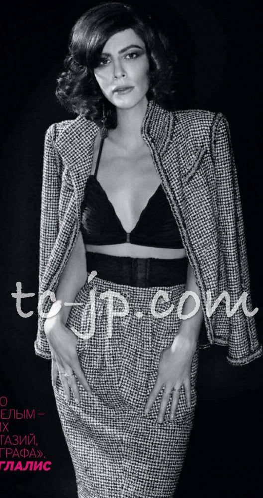 CHANEL 10C Black Ivory Gold Stand Collar Tweed Jacket Skirt Suit 34 40 シャネル ブラック アイボリー ゴールド スタンドカラー ツイード ジャケット スカート スーツ 即発
