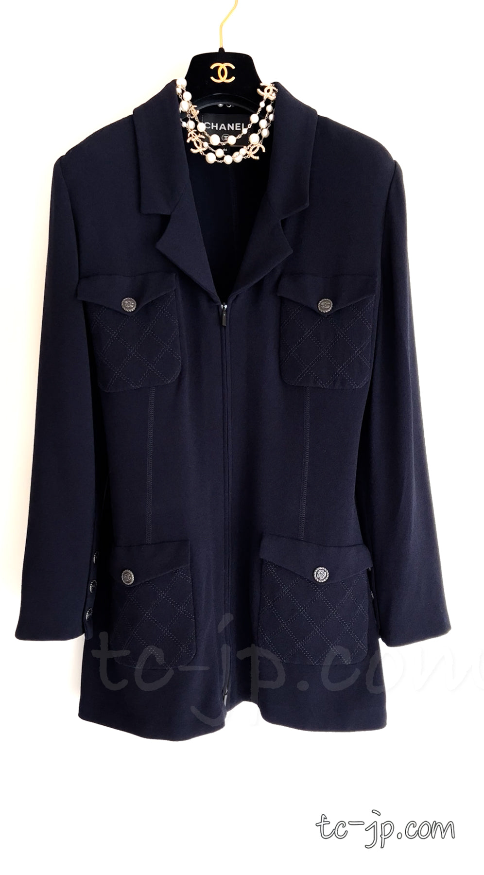CHANEL 19S Navy Front Zipper Stitched Cardigan Jacket 38 40 44 シャネル ネイビー ジッパーフロント カーディガン ジャケット 即発