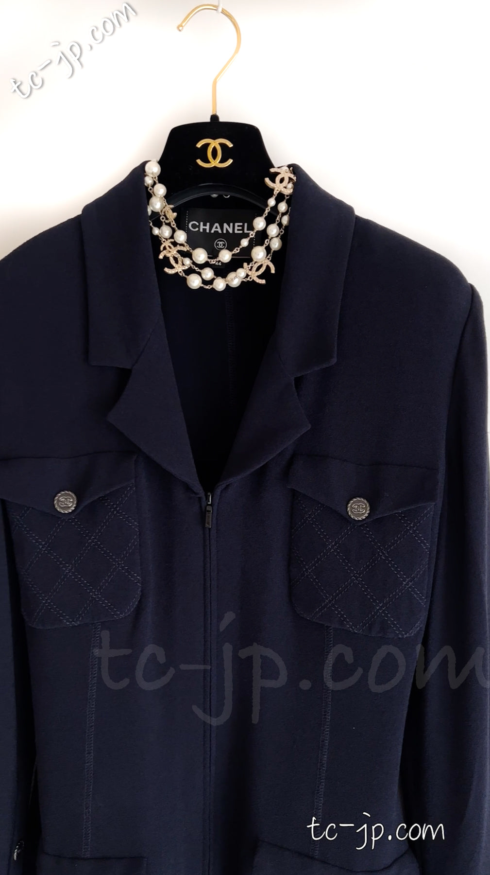 CHANEL 19S Navy Front Zipper Stitched Cardigan Jacket 38 40 44 シャネル ネイビー ジッパーフロント カーディガン ジャケット 即発