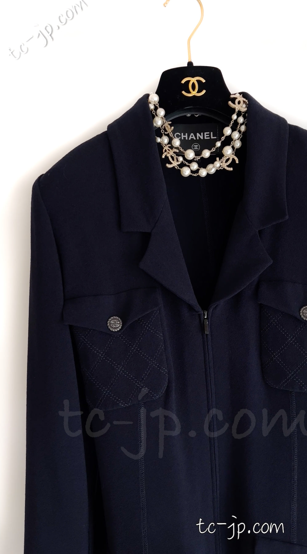 CHANEL 19S Navy Front Zipper Stitched Cardigan Jacket 38 40 44 シャネル ネイビー ジッパーフロント カーディガン ジャケット 即発