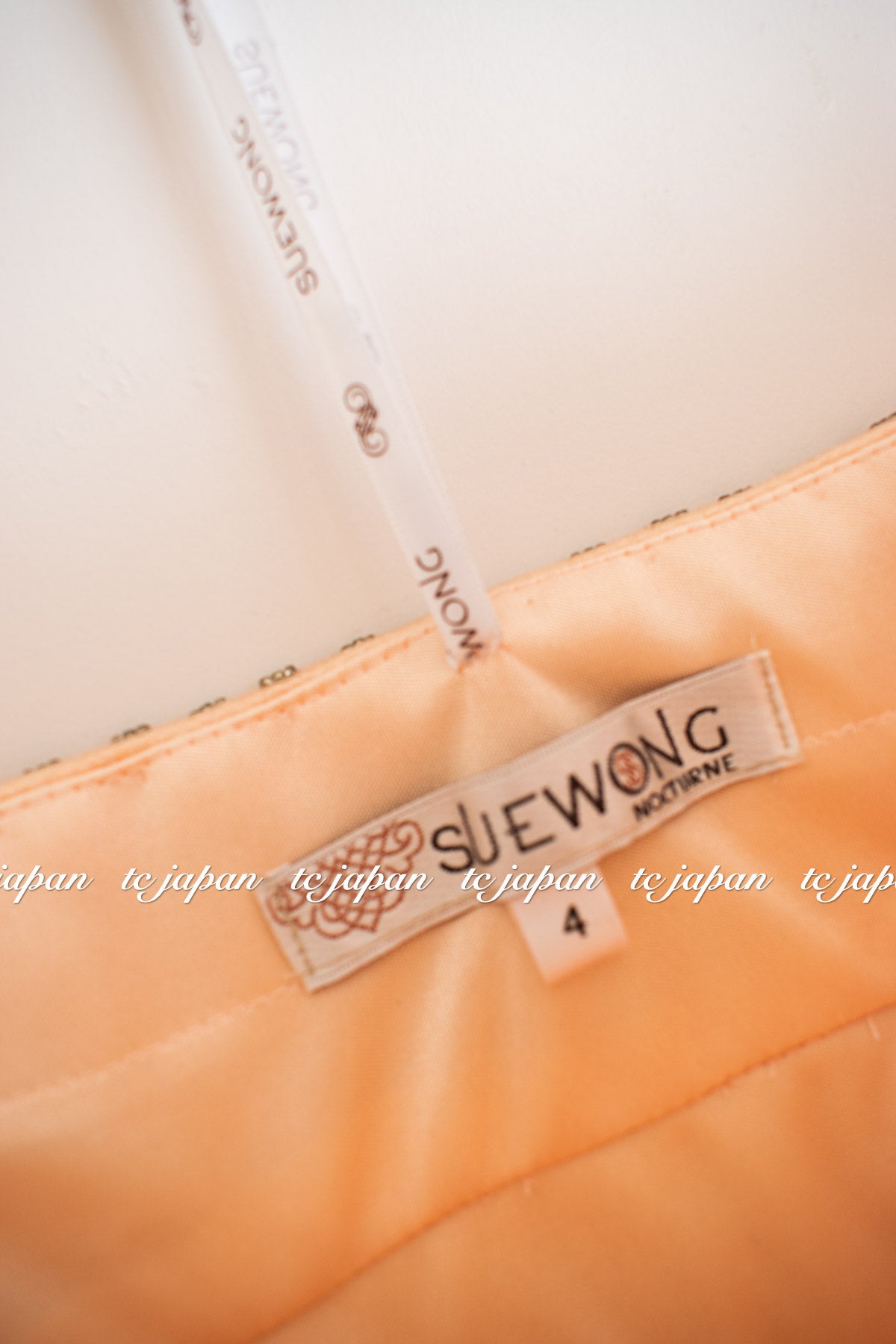 Sue Wong Ribbon Peach Strapless Sheath Dress NEW US4 スーワン ピーチ カクテル パーティー リボン・ワンピース 新品紙タグ付(日本7大-9)即発