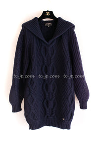 CHANEL 18PF Navy Wool Cashmere Dress Knit Sweater 38 40 42 シャネル ネイビー・ウール・カシミア・ケーブル・ニット・ワンピース・セーター 即発