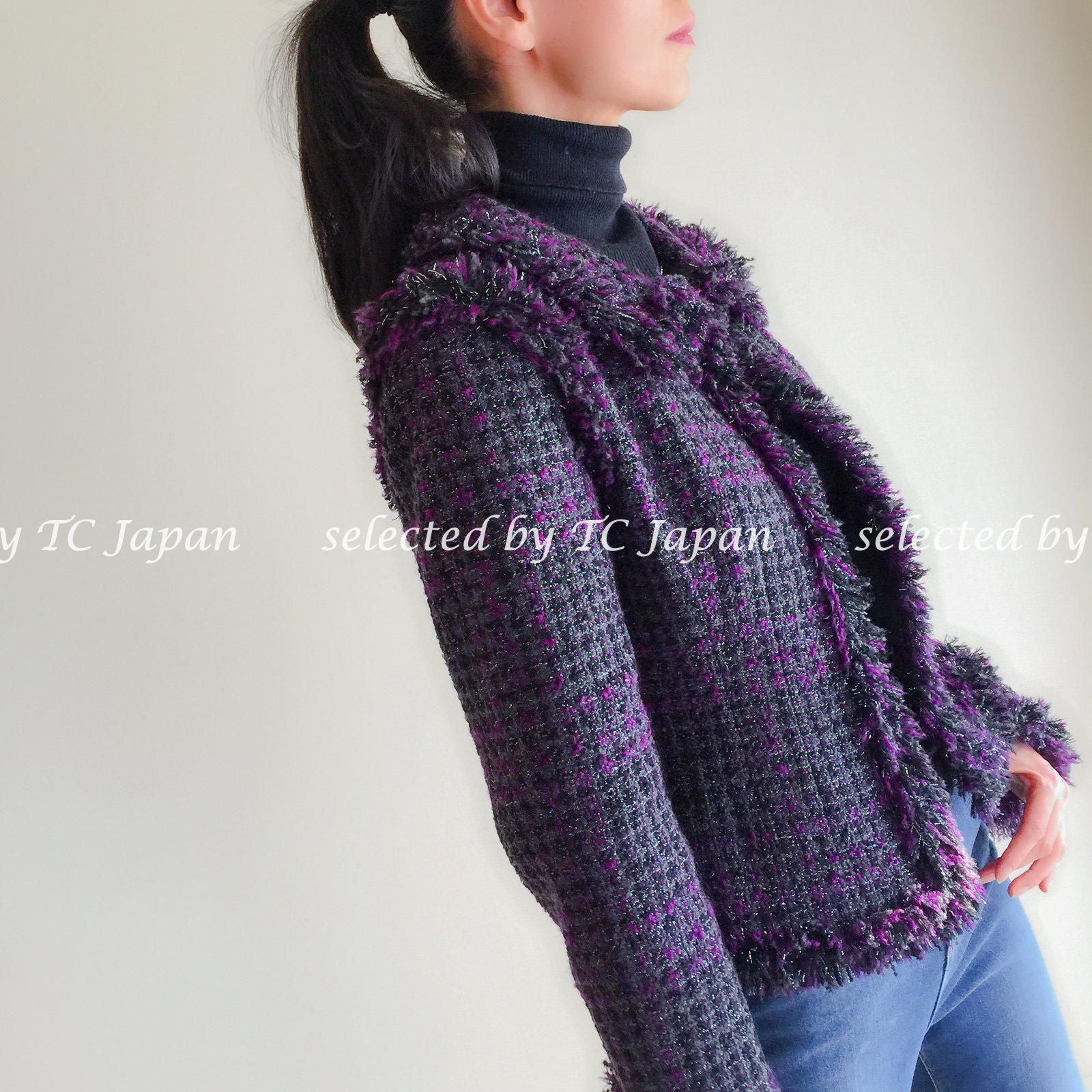 CHANEL 03A Purple Black Metallic Wool Tweed Jacket 38 40 シャネル パープル ブラック ウール ツイード ジャケット 即発