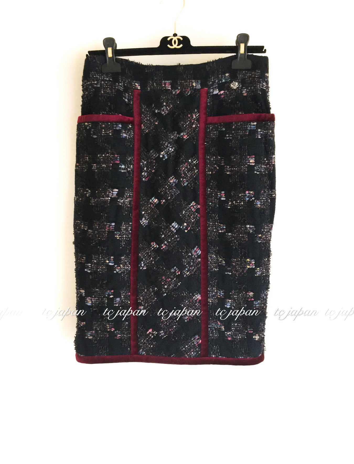 CHANEL 09PF Navy Velvet Satin Tweed Jacket Skirt 40 42 シャネル ベルベット・サテン・ジャケット・スカート 即発