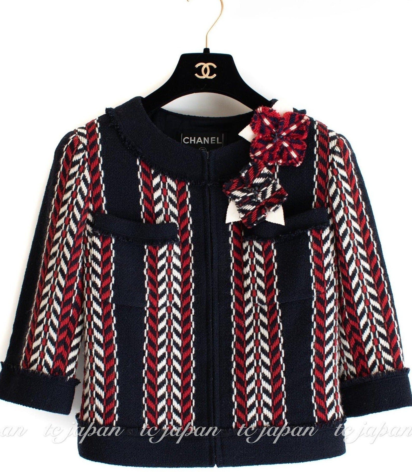 CHANEL 04A Red Navy Tricolor Zipper Tweed Jacket Skirt Suit 36 シャネル レッド ネイビー トリコロール ツイード ジャケット スカート スーツ 即発