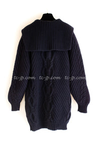 CHANEL 18PF Navy Wool Cashmere Dress Knit Sweater 38 40 42 シャネル ネイビー・ウール・カシミア・ケーブル・ニット・ワンピース・セーター 即発