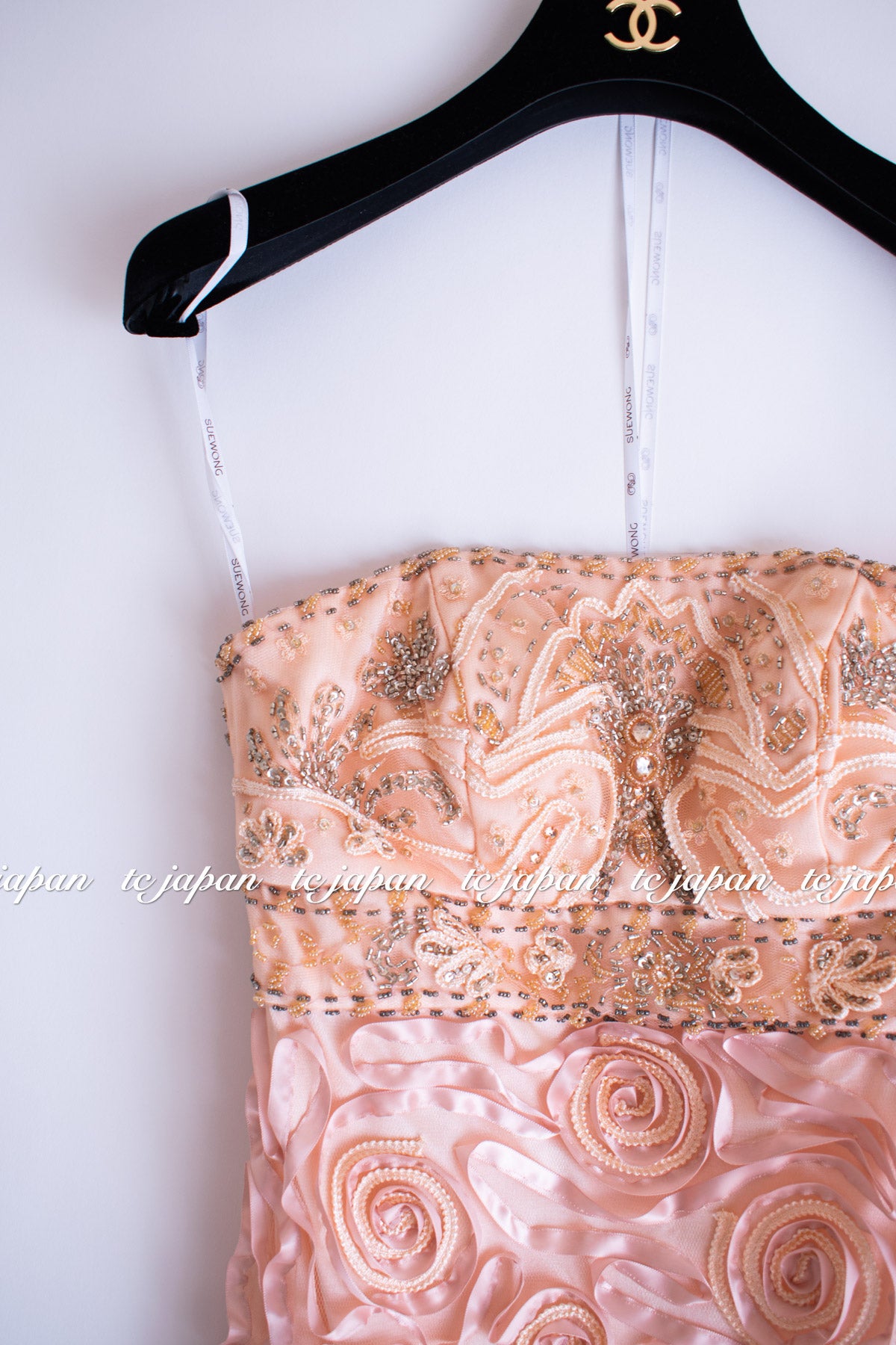 Sue Wong Ribbon Peach Strapless Sheath Dress NEW US4 スーワン ピーチ カクテル パーティー リボン・ワンピース 新品紙タグ付(日本7大-9)即発