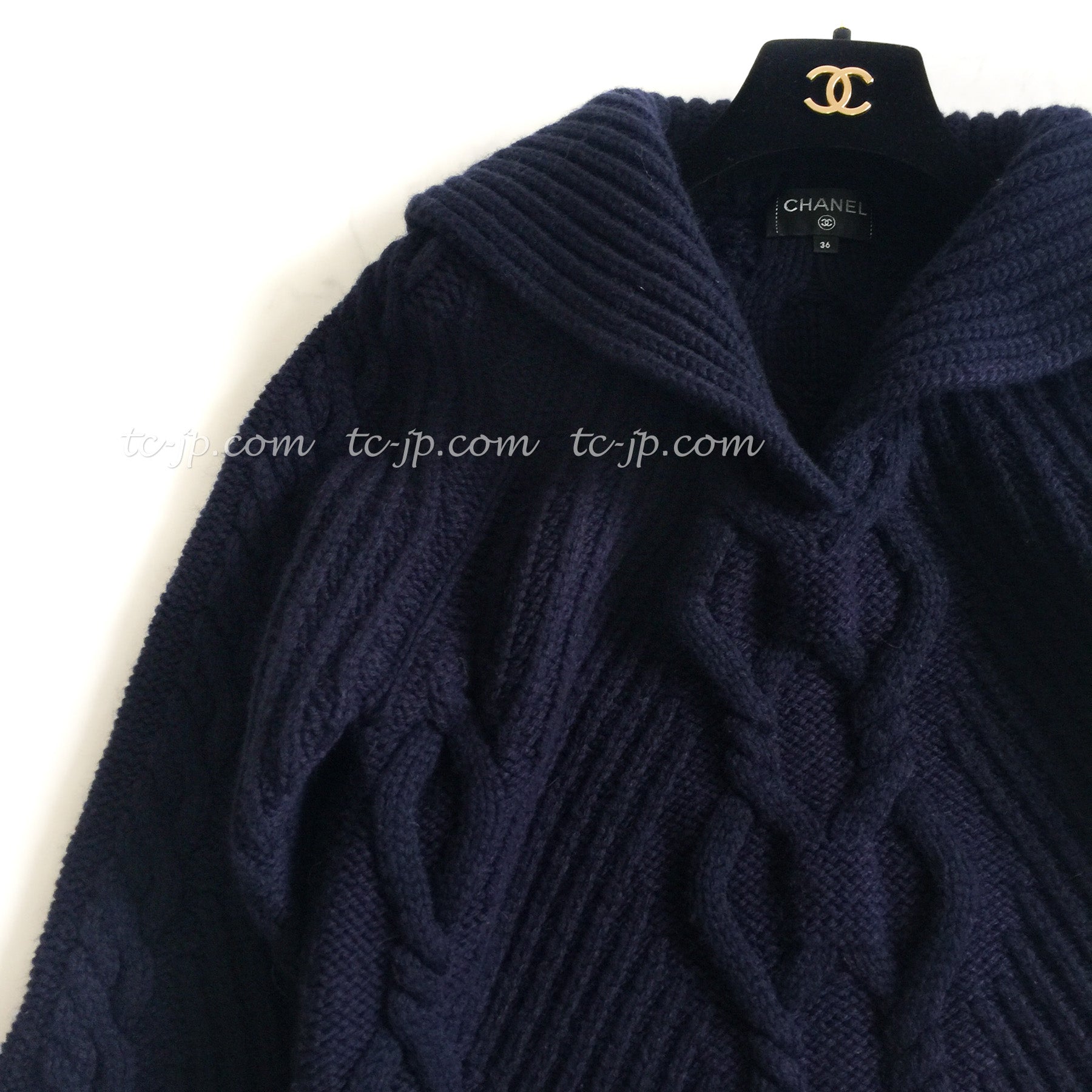 CHANEL 18PF Navy Wool Cashmere Dress Knit Sweater 38 40 42 シャネル ネイビー・ウール・カシミア・ケーブル・ニット・ワンピース・セーター 即発