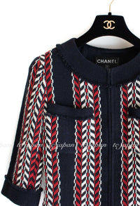 CHANEL 04A Red Navy Tricolor Zipper Tweed Jacket Skirt Suit 36 シャネル レッド ネイビー トリコロール ツイード ジャケット スカート スーツ 即発