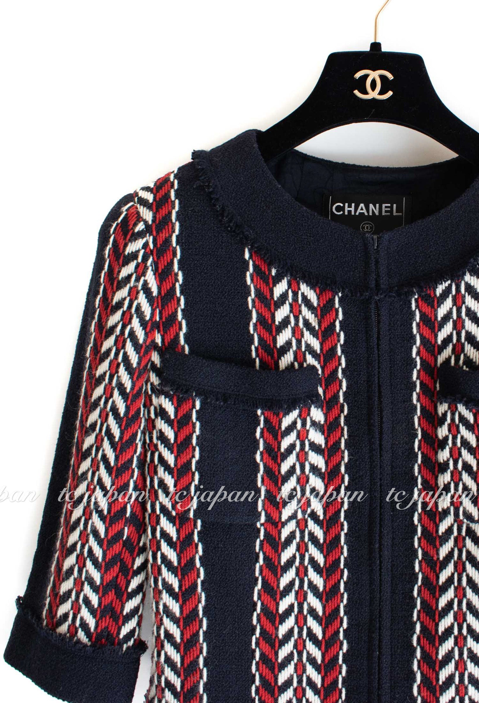 CHANEL 04A Red Navy Tricolor Zipper Tweed Jacket Skirt Suit 36 シャネル レッド ネイビー トリコロール ツイード ジャケット スカート スーツ 即発