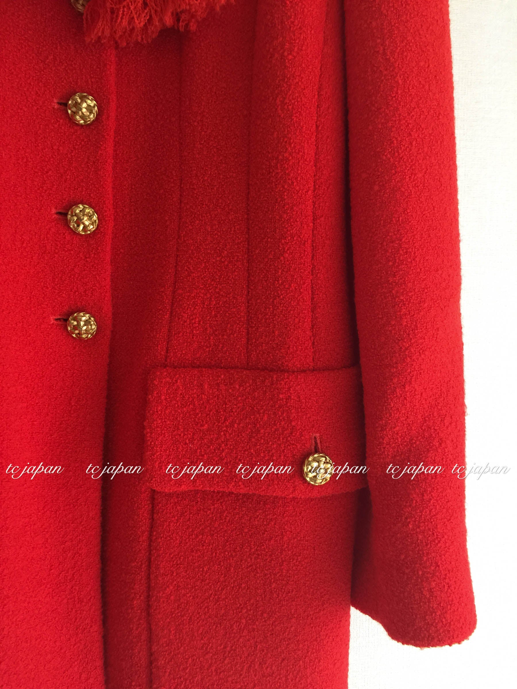 CHANEL 92A Iconic Collectible Scarlet Red Wool Tweed Jacket Basket Gold Button 36 38 シャネル スカーレット レッド コレクター限定品 ウール ツイード ジャケット バスケットボタン 即発
