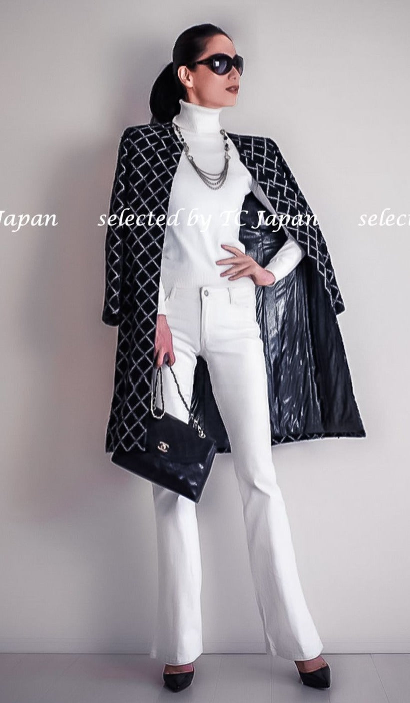 CHANEL 16S Black White Matelasse Plaid Print Coat 34 36 シャネル ブラック ホワイト マトラッセ コート 即発