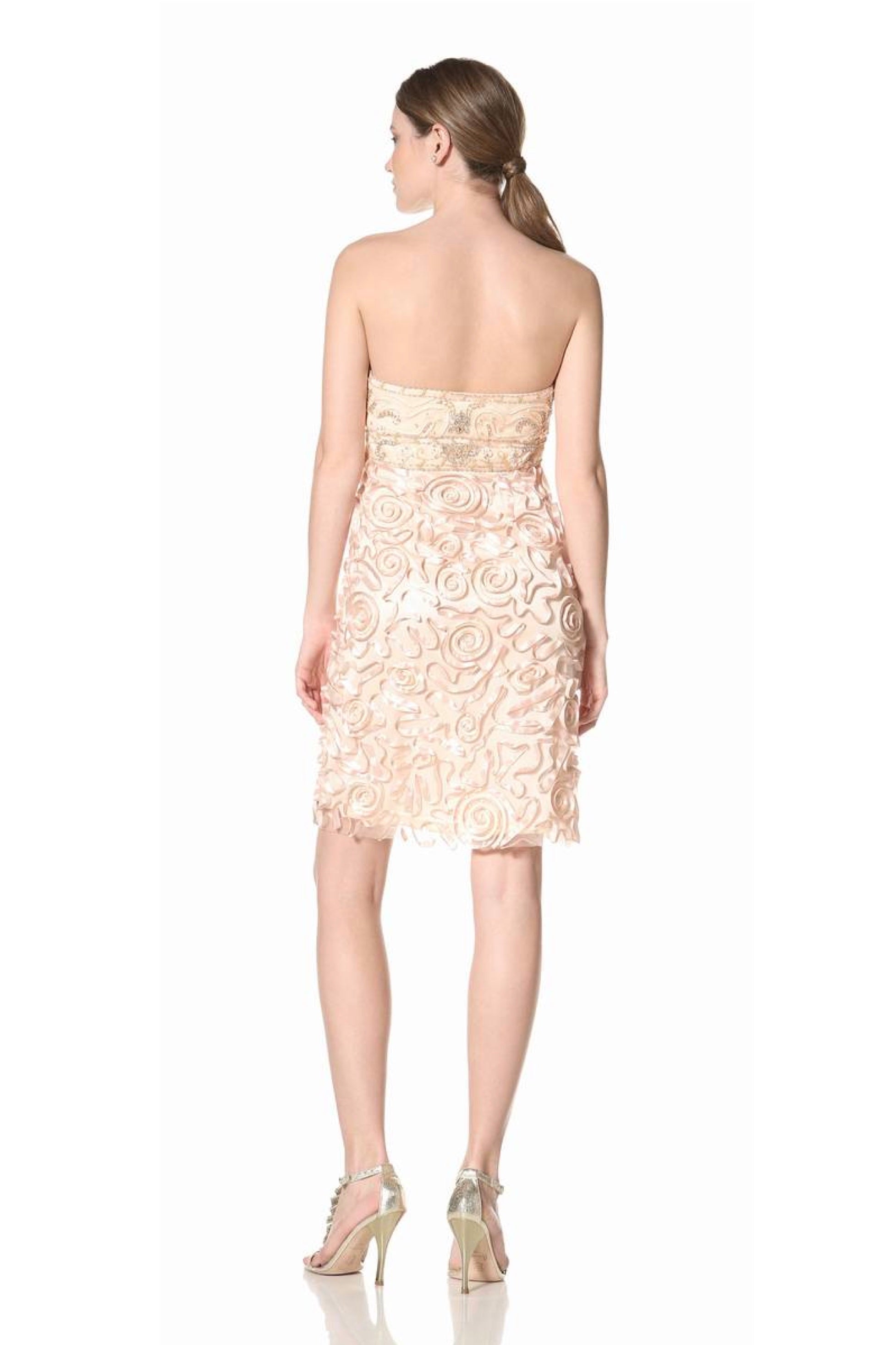Sue Wong Ribbon Peach Strapless Sheath Dress NEW US4 スーワン ピーチ カクテル パーティー リボン・ワンピース 新品紙タグ付(日本7大-9)即発