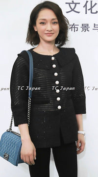 CHANEL 13S Black Stretchable Mesh Jacket With Pearl Button Skirt 40 44 シャネル ブラック ビッグ パール ボタン ストレッチ メッシュ スカート 即発