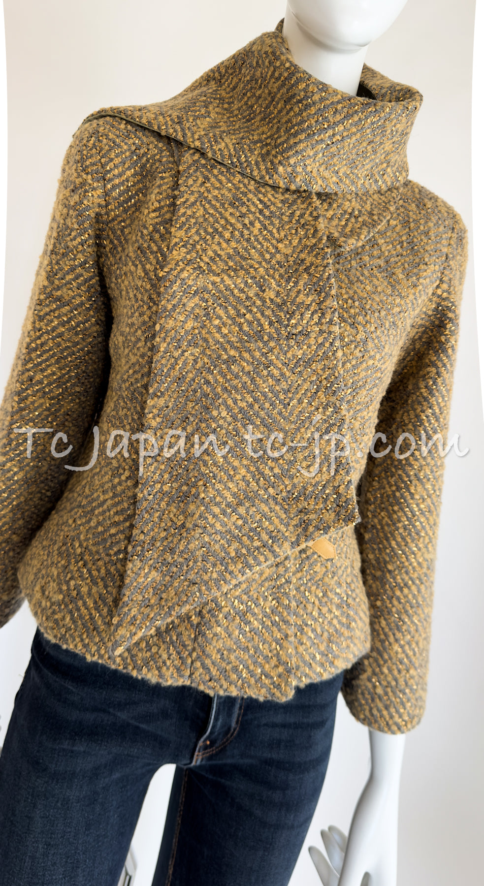 CHANEL 00A Vintage Yellow Beige Gold Gray Wool Jacket w/ Scarf 38 40 シャネル ヴィンテージ・イエローベージュ・ゴールド・グレー・ウール・ジャケット 即発