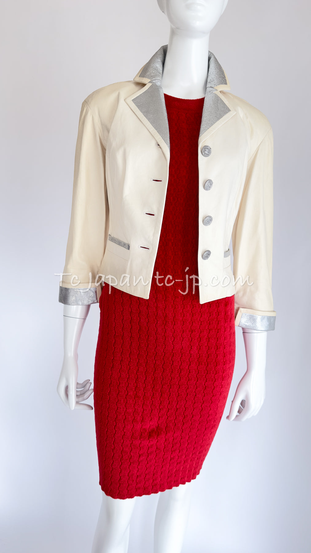 CHANEL 12C ivory Creme Lambskin Leather Jacket with Silver Collars 38 シャネル アイボリー・レザー・ジャケット即発