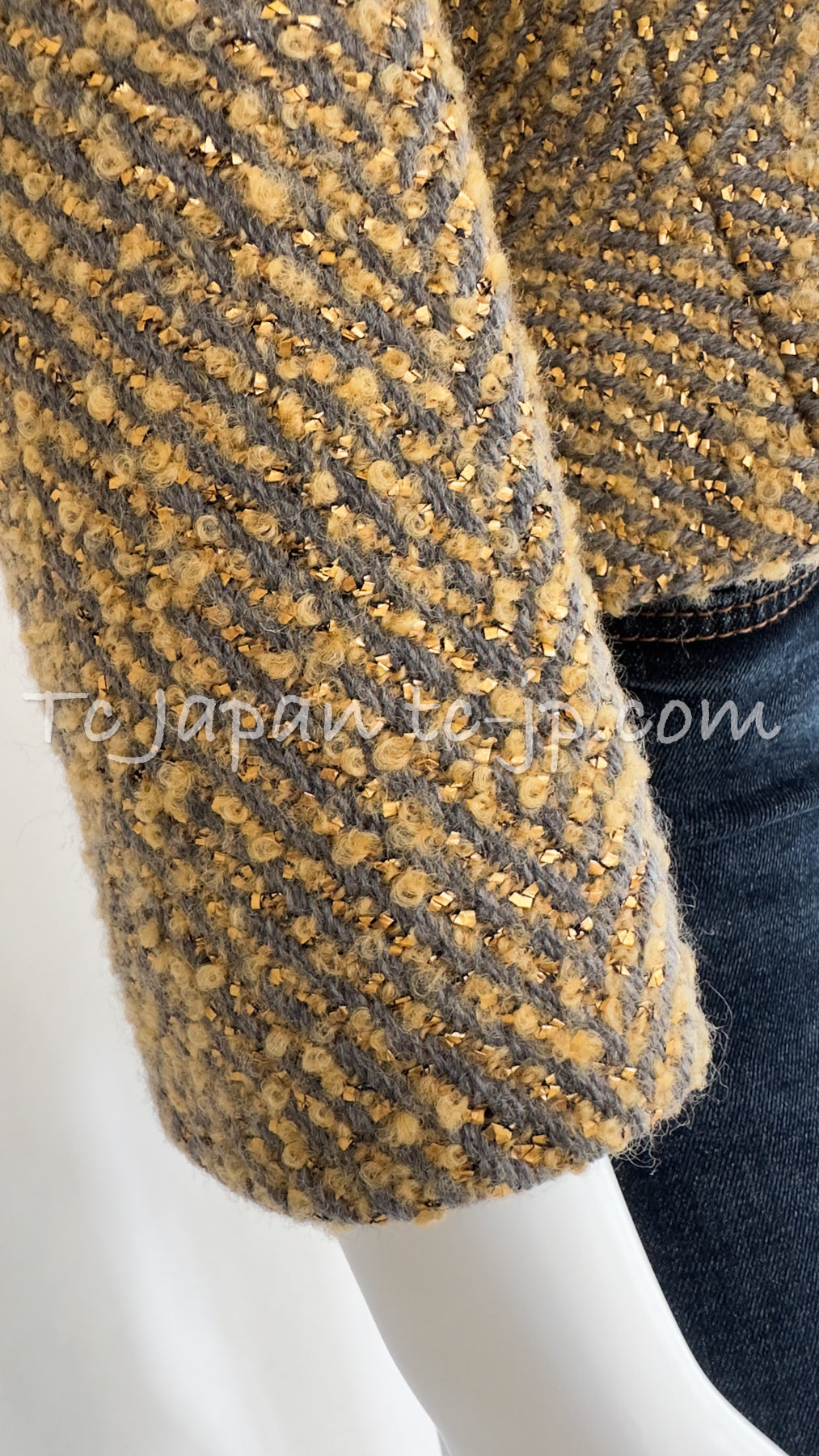 CHANEL 00A Vintage Yellow Beige Gold Gray Wool Jacket w/ Scarf 38 40 シャネル ヴィンテージ・イエローベージュ・ゴールド・グレー・ウール・ジャケット 即発