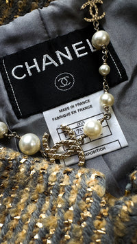 CHANEL 00A Vintage Yellow Beige Gold Gray Wool Jacket w/ Scarf 38 40 シャネル ヴィンテージ・イエローベージュ・ゴールド・グレー・ウール・ジャケット 即発