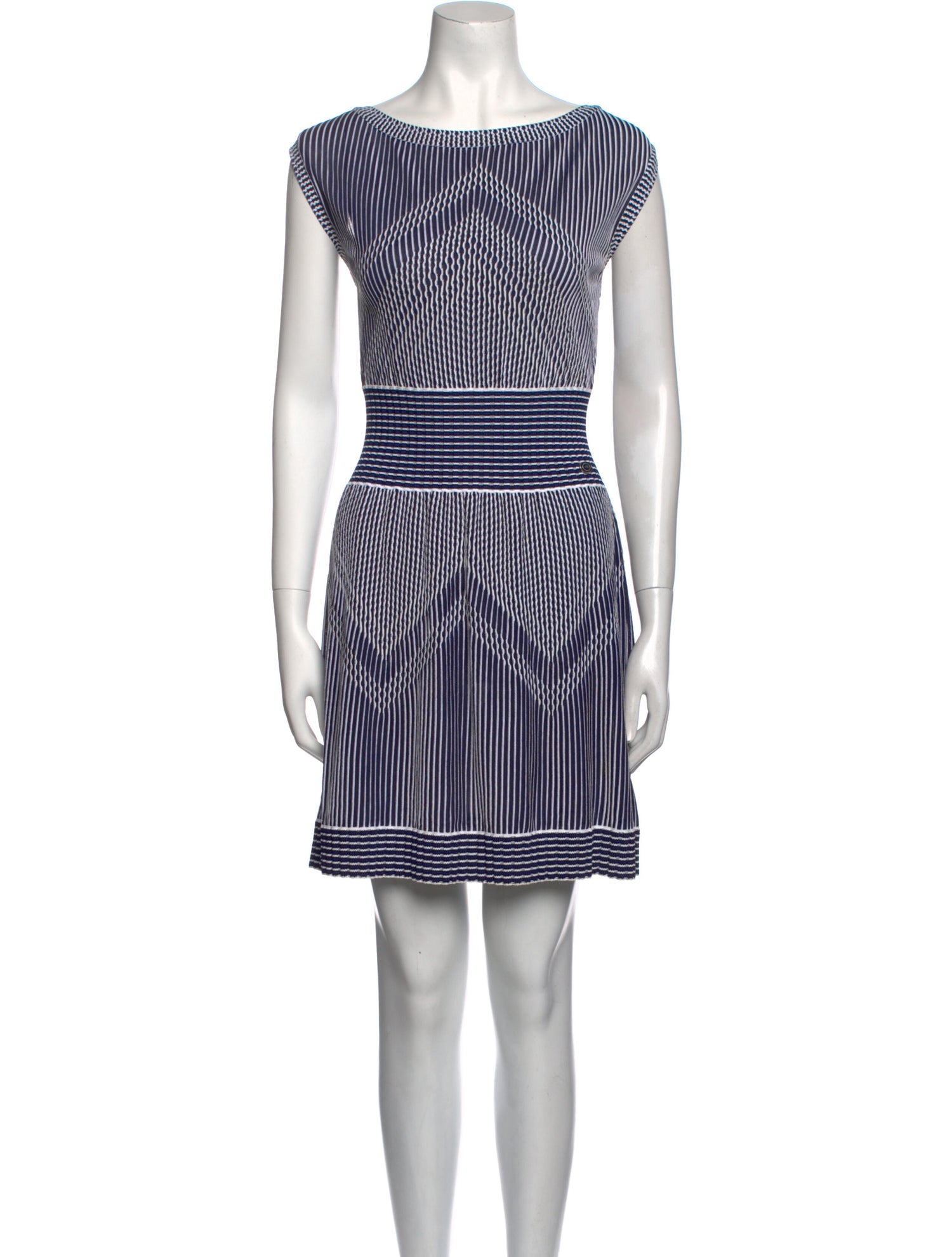 CHANEL 14S Navy White Stripe Stretch Knit Dress 34 シャネル ネイビー ストライプ ストレッチ ニット ワンピース 即発