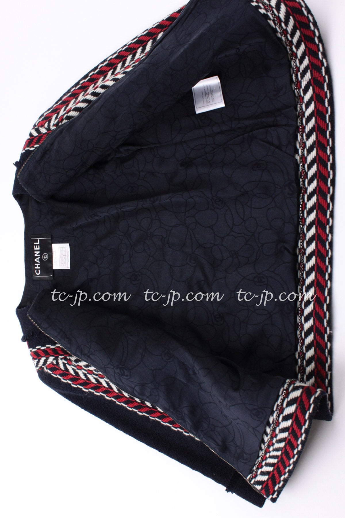 CHANEL 04A Red Navy Tricolor Zipper Tweed Jacket Skirt Suit 36 シャネル レッド ネイビー トリコロール ツイード ジャケット スカート スーツ 即発