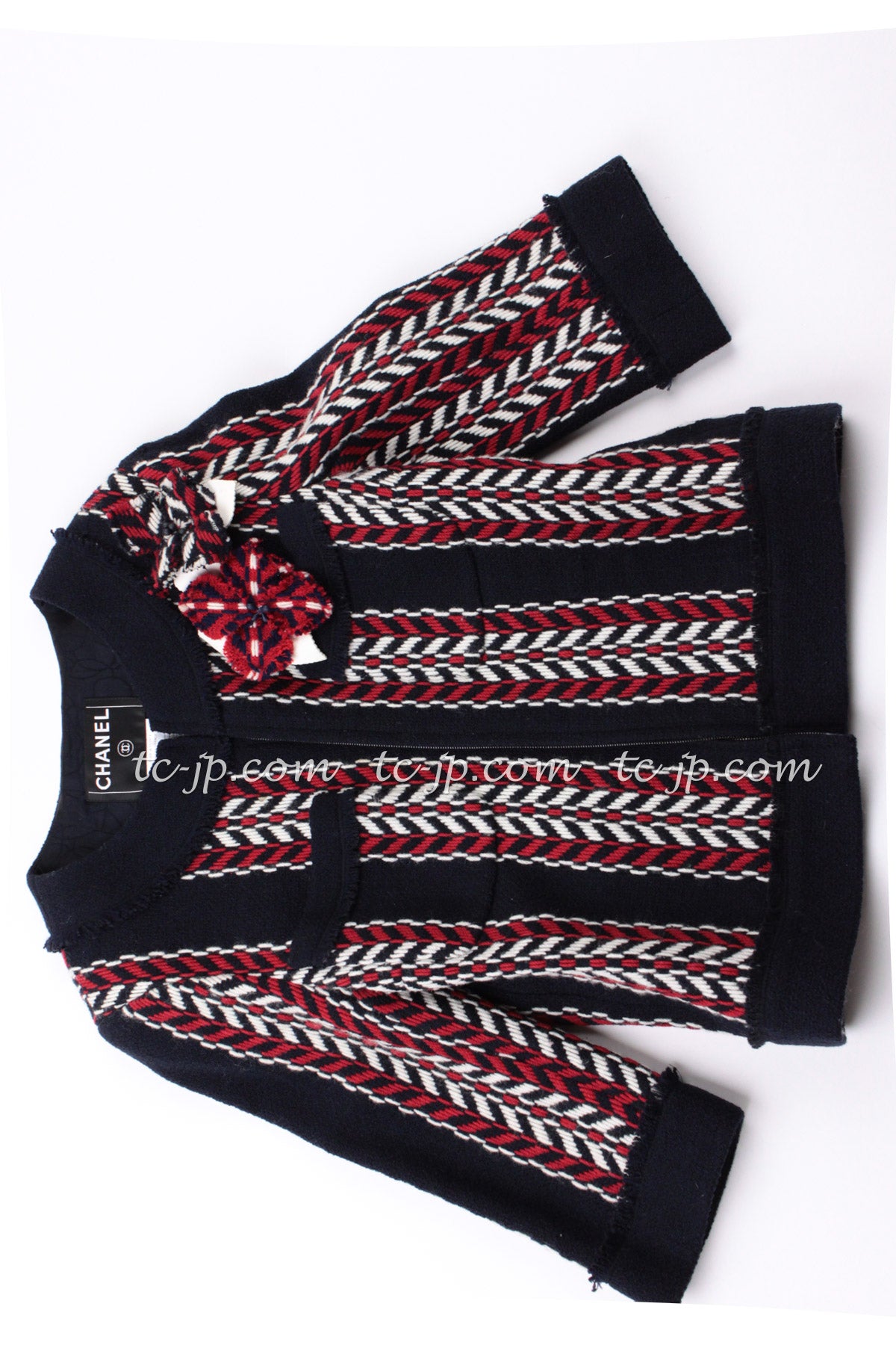 CHANEL 04A Red Navy Tricolor Zipper Tweed Jacket Skirt Suit 36 シャネル レッド ネイビー トリコロール ツイード ジャケット スカート スーツ 即発