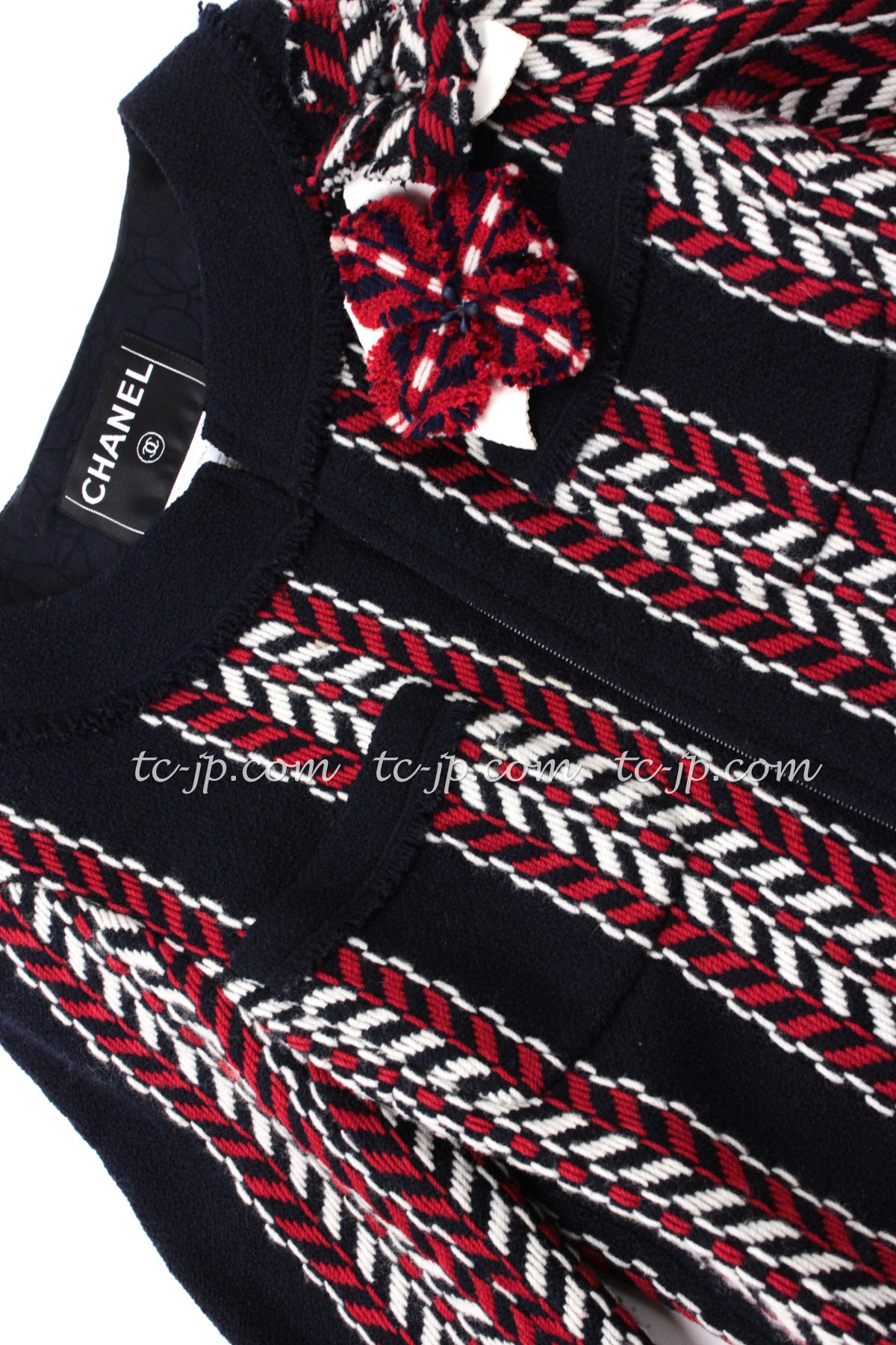 CHANEL 04A Red Navy Tricolor Zipper Tweed Jacket Skirt Suit 36 シャネル レッド ネイビー トリコロール ツイード ジャケット スカート スーツ 即発