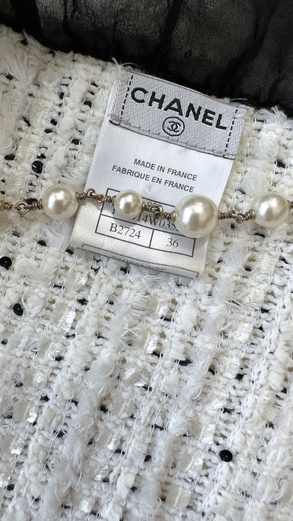 CHANEL 05S White Black Tweed Cardigan Jacket 34 36 シャネル ホワイト ブラック リボン ツイード カーディガン ジャケット 即発