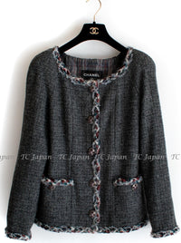 CHANEL 13PF Edinburgh Gray GreyTrim Wool Tweed Jacket 34 シャネル グレー トリミング ウール 100% ツイード ジャケット 即発